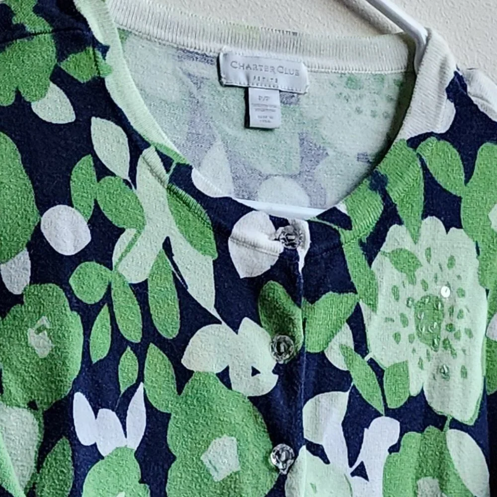 Charter Club Green/Navy Floral Button Down Cardigan Size Petite P Small